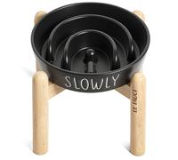 Ceramic Slow Feeder Dog Bowls Elevated, 3 Cups Raised Dog Bowl with Wooden Stand for Medium Large Breed, Dog Dishes to Slow Down Eating, Puzzle Dog Food Bowl,Black