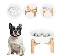 Ceramic Slow Feeder Dog Bowls Elevated for Small and Medium Breed, Dog Bowls with Wooden Stand, 1.5 Cups Dishes to Slow Down Eating, Anti-Gulping Pet Feeding Dishes