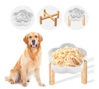 Ceramic Slow Feeder Dog Bowls Elevated for Small and Medium Large Breed, Dog Bowls with Wooden Stand, 3 Cups Dog Dishes to Slow Down Eating, Anti-Gulping Pet Feeding Dishes (Flower)