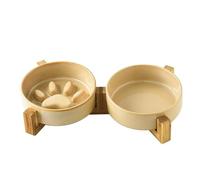 Ceramic slow feeder god bowl set, Double Raised Dog Bowl with Stand, Elevated Pet Slow Food and Water Bowl, Dog slow Bowl,Cat Bowl Feeding Bowl (Brown (slow & flat) with stand, L(15.8cm/6.2in-16oz))