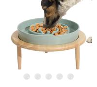 Ceramic Slow Feeding Dog Bowl - Non Slip Design, Raised Wooden Base, Durable Pet Feeding Dish, Smooth Enameled Finish, Healthy Eating,