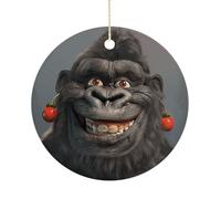 Ceramic Smiling Gorilla Christmas Ornament 3 Inch Round Hanging Ornaments Double Sided Holiday Tree Decoration for Xmas Wreath Gift Tag Party Favor Wedding Keepsake Souvenir Home Decor