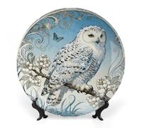 Ceramic Snowy Owl Cornus Decorative Plate for Wall Hanging 7inch Large Bone China Dinner Plates with Display Stand Porcelain Art Dish for Home Kitchen Office Wedding Gift Farmhouse Decor