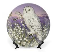 Ceramic Snowy Owl Lily Valley Decorative Plate for Wall Hanging 6inch Large Bone China Dinner Plates with Display Stand Porcelain Art Dish for Home Kitchen Office Wedding Gift Farmhouse Decor