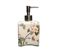 Ceramic Soap and Lotion Dispenser with Floral Design, 410ml Capacity Vintage Hand Soap Pump Bottle with Pump for Kitchen and Bathroom (Beige)