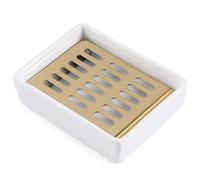 Ceramic Soap Dish (11.8 x 8.8 x 3cm) Stainless Steel Soap Holder for Bathroom and Shower Double Layer Draining Soap Box (Gold tray)