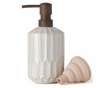 Ceramic Soap Dispenser, 450ml Refillable Pump Bottle for Bathroom Kitchen | Geometric fluted ceramic design,wood-effect pump,silicone funnel,easy refill for bathrooms,kitchens,countertops,utility rooms