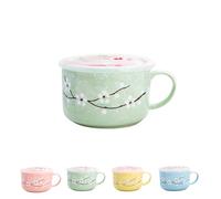 Ceramic Soup Bowl with Lid and Handle | Large 27oz Microwavable Instant Noodle Mug | Heat Preservation Food Container for Oatmeal, Cereal, Ramen & Travel | Leakproof & Dishwasher Safe (Green)