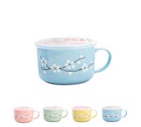 Ceramic Soup Bowl with Lid and Handle | Large 27oz Microwavable Instant Noodle Mug | Heat Preservation Food Container for Oatmeal, Cereal, Ramen & Travel | Leakproof & Dishwasher Safe (Blue)