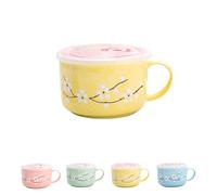 Ceramic Soup Bowl with Lid and Handle | Large 27oz Microwavable Instant Noodle Mug | Heat Preservation Food Container for Oatmeal, Cereal, Ramen & Travel | Leakproof & Dishwasher Safe (Yellow)