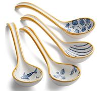 Ceramic Soup Spoons Set of 4 Porcelain Japanese Soup Spoon Long Handle Asian Soup Spoon Sets for Gravy, Soup Noodles, Wontons, Cream (Ceramic)