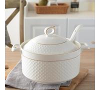 Ceramic Soup Tureen Set - Microwave and Dishwasher Safe Serving Bowls with Glass Lid and Double Handles, Includes Ladle