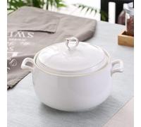 Ceramic Soup Tureen with Lid, 3L Large Capacity Serving Tureen with Double Handles for Kitchen, Porcelain, White with Gold Trim, Microwave and Dishwasher Safe (Type2)