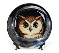 Ceramic Space Astronaut Owl Decorative Plate for Wall Hanging 10inch Large Bone China Dinner Plates with Display Stand Porcelain Art Dish for Home Kitchen Office Wedding Gift Farmhouse Decor