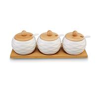 Ceramic Spice Container Set, Ceramic Spice Jar with Spoons & Bamboo Lids, Seasoning Container Condiment for Tea Coffee Salt Pepper Sauce