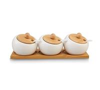 Ceramic Spice Container Set, Ceramic Spice Jar with Spoons & Bamboo Lids, Seasoning Container Condiment for Tea Coffee Salt Pepper Sauce