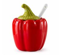 Ceramic Spice Jar with Lid & Spoon, Pepper-Shaped Salt Cellar，RED | Glossy ceramic seasoning pot with spoon slot for salt, sugar, pepper or chilli.