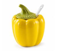 Ceramic Spice Jar with Lid & Spoon, Pepper-Shaped Salt Cellar，YELLOW | Glossy ceramic seasoning pot with spoon slot for salt, sugar, pepper or chilli.