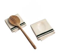 Ceramic Spoon Rest for Stove Top, Dish Towel Inspired Spoon Holder for Kitchen Counter, Porcelain Utensil Rest for Ladle, Spatula, Housewarming Gifts, Heat-Resistant (Dark Green Stripe)