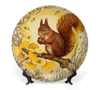 Ceramic Squirrel Ginkgo Branch Decorative Plate for Wall Hanging 10inch Large Bone China Dinner Plates with Display Stand Porcelain Art Dish for Home Kitchen Office Wedding Gift Farmhouse Decor