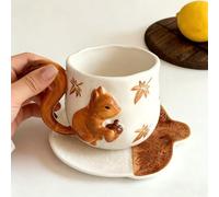 Ceramic Squirrel Mug, 3D Animal Handle Coffee Tea Cup with Maple Leaf Pattern, White and Brown Woodland Drinkware, Ideal Gift for Tea Lovers Home Kitchen