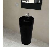 vidaXL Black Round Ceramic Stand Bathroom Sink Basin with Overflow Hole, Modern Design for Bathroom, Washroom, Powder Room, Easy to Clean, Freestanding or Wall-Mounted Installation Option
