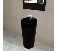 vidaXL Ceramic Stand Bathroom Sink Basin Faucet/Overflow Hole Black Round Bath