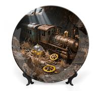 Ceramic Steampunk Train Wreck Decorative Plate for Wall Hanging 10inch Large Bone China Dinner Plates with Display Stand Porcelain Art Dish for Home Kitchen Office Wedding Gift Farmhouse Decor