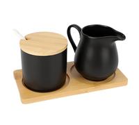 Ceramic Sugar and Creamer Set, Sugar Bowl with lid,4 Piece Set with Lid Spoon Base,267ml Breakfast Tea and Coffee Service,Coffee Serving Set Wedding Gift,Microwave and Dishwasher Safe (Black)