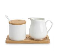 Ceramic Sugar and Creamer Set with Lid Spoon and Wooden pallets, Ceramic Coffee Bar Accessories, Cream Jug Sugar Jar, for Home Milk Coffee, Coffee Serving Set (White)