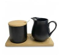 Ceramic Sugar and Creamer Set with Lid Spoon and Wooden pallets, Ceramic Coffee Bar Accessories, Cream Jug Sugar Jar, for Home Milk Coffee, Coffee Serving Set (Black)