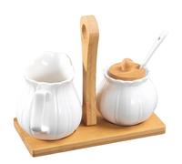 Ceramic Sugar and Creamer Set with Lid Spoon and Wooden pallets, Ceramic Coffee Bar Accessories, Cream Jug Sugar Jar, for Home Milk Coffee, Coffee Serving Set