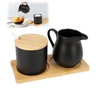 Ceramic Sugar and Creamer Set with Tray & Spoon - Elegant Milk Jug and Sugar Bowl Set for Coffee Bar Accessories - Modern Serving Set for Afternoon Tea, Home & Gifts (Straight Black)