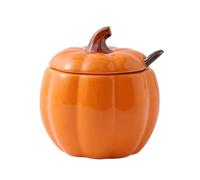Ceramic Sugar Bowl, Pumpkin Shaped Spice Jar with Lid and Spoon for Kitchen Countertop Storage, A Seasonal Decorative Container for Coffee, Salt, Pepper, and Holiday Dining, 10 OZ