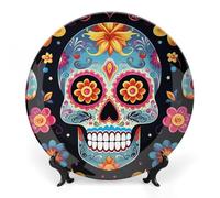 Ceramic Sugar Skulls Decorative Plate for Wall Hanging 8inch Large Bone China Dinner Plates with Display Stand Porcelain Art Dish for Home Kitchen Office Wedding Gift Farmhouse Decor
