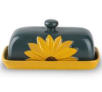 Ceramic Sunflower Covered Butter Dish With Lid Yellow Tray Green Lid Keeper