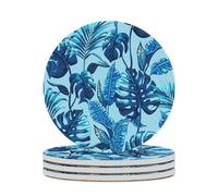 Ceramic Table Coasters Set of 4,Blue Palm Leaves Absorbent Drink Coaster Heat-Resistant Coasters with Cork Base for Home Decor House Warming Gifts Office