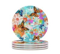 Ceramic Table Coasters Set of 4,Butterfly And Colorful Chamomile Absorbent Drink Coaster Heat-Resistant Coasters with Cork Base for Home Decor House Warming Gifts Office