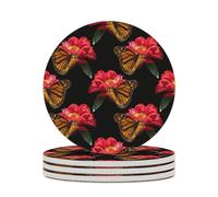 Ceramic Table Coasters Set of 4,Butterfly Red Flower Absorbent Drink Coaster Heat-Resistant Coasters with Cork Base for Home Decor House Warming Gifts Office