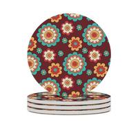 Ceramic Table Coasters Set of 4,Colorful Groovy Flowers Absorbent Drink Coaster Heat-Resistant Coasters with Cork Base for Home Decor House Warming Gifts Office