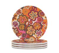 Ceramic Table Coasters Set of 4,Retro Groovy Orange Floral Absorbent Drink Coaster Heat-Resistant Coasters with Cork Base for Home Decor House Warming Gifts Office