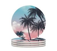 Ceramic Table Coasters Set of 4,Summer Beach Palm Tree Absorbent Drink Coaster Heat-Resistant Coasters with Cork Base for Home Decor House Warming Gifts Office