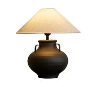 Ceramic Table Lamp with Fabric Shade, Handmade Vintage Industrial E27 Base Lamp, 17.8x22.8 Inch, Antique Black Sand Finish for Living Room Bedroom Café