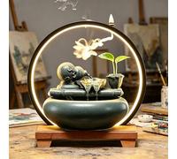 Ceramic Tabletop Waterfall Fountain, Backflow Incense Burner with LED Light Ring, Zen Relaxation Tabletop Water Fountain, Feng Shui Wealth Desk Fountain for Home Office Decor(A)