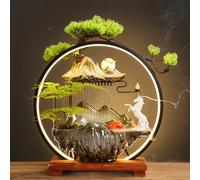 Ceramic Tabletop Zen Water Fountain with LED Light - Mountain Design with Buddha Statue & Bonsai Tree for Home Office Decor(E Medium)