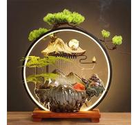 Ceramic Tabletop Zen Water Fountain with LED Light - Mountain Design with Buddha Statue & Bonsai Tree for Home Office Decor(A Medium)