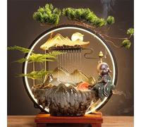 Ceramic Tabletop Zen Water Fountain with LED Light - Mountain Design with Buddha Statue & Bonsai Tree for Home Office Decor(B Small)