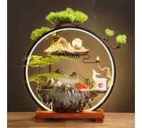 Ceramic Tabletop Zen Water Fountain with LED Light - Mountain Design with Buddha Statue & Bonsai Tree for Home Office Decor(D Medium)