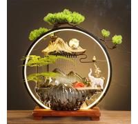 Ceramic Tabletop Zen Water Fountain with LED Light - Mountain Design with Buddha Statue & Bonsai Tree for Home Office Decor(C Medium)