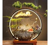Ceramic Tabletop Zen Water Fountain with LED Light - Mountain Design with Buddha Statue & Bonsai Tree for Home Office Decor(A Small)
